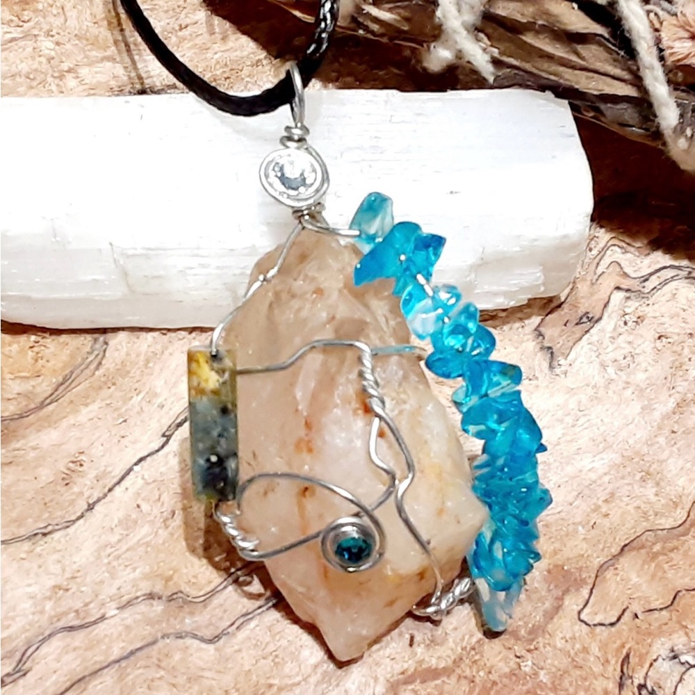 Boho yellow crackle quartz, jade crystal pendant necklace, handcrafted